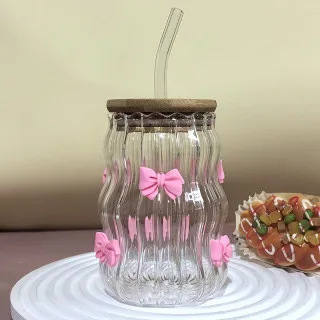 Be Cute staklena čaša sa slamčicom, mašnice 