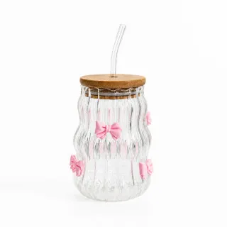 Be Cute staklena čaša sa slamčicom, mašnice 