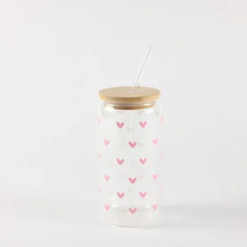 Be Cute Staklena čaša sa slamčicom, roze srca 