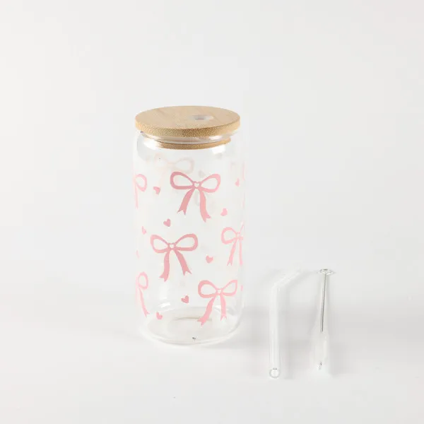 Be Cute Staklena čaša sa slamčicom, mašnica 