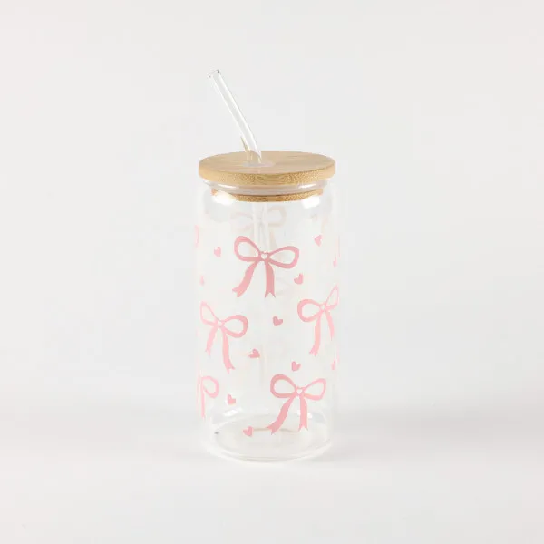 Be Cute Staklena čaša sa slamčicom, mašnica 