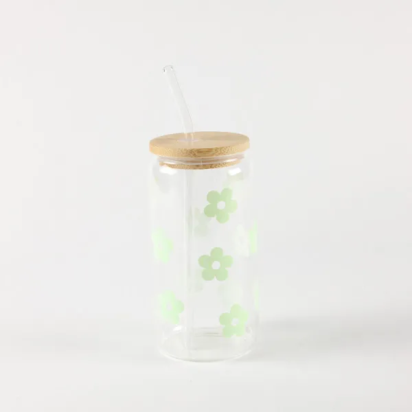 Be Cute Staklena čaša sa slamčicom, zeleni cvetići 