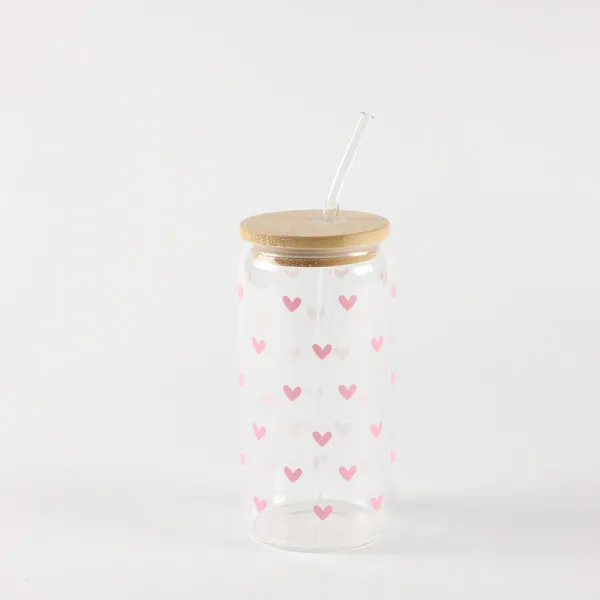 Be Cute Staklena čaša sa slamčicom, roze srca 
