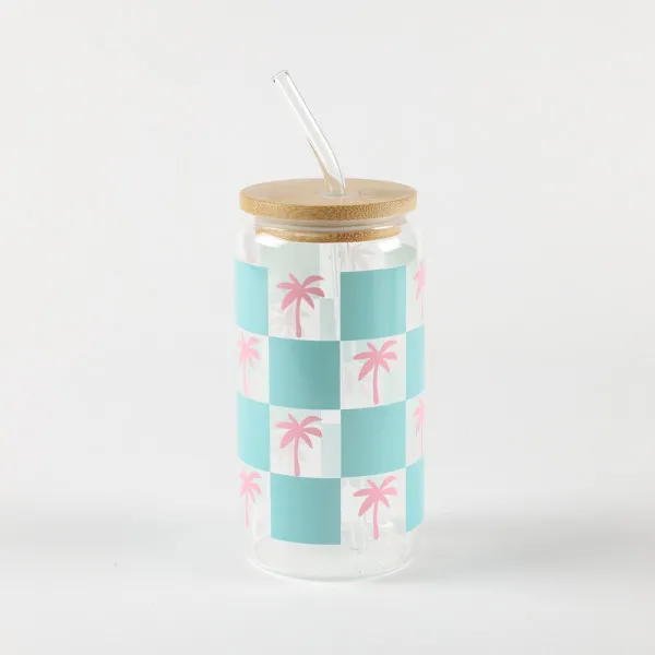 Be Cute Staklena čaša sa slamčicom, palme 