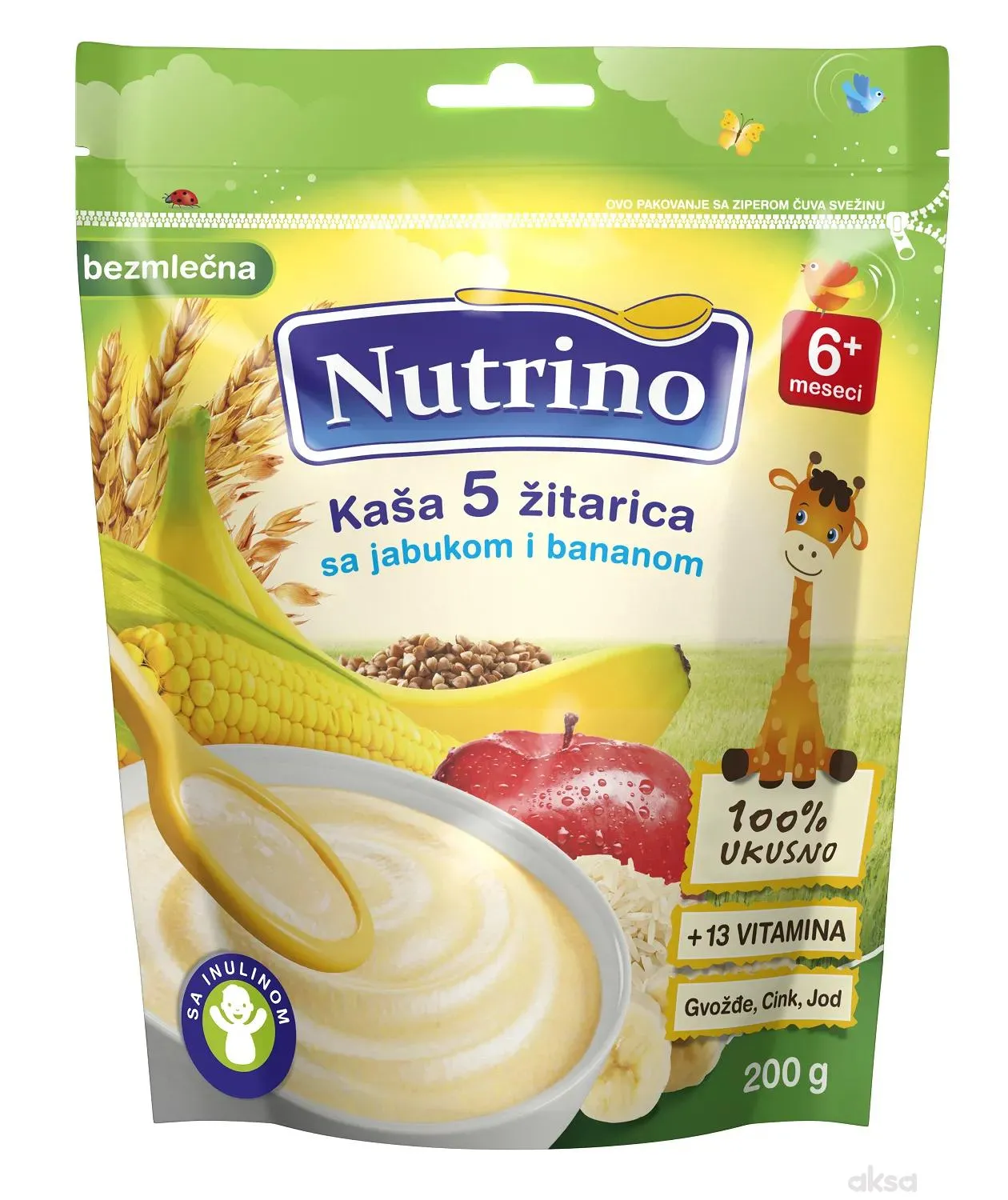 Nutrino bezmlečna instant kaša 5 žitarica sa jabukom i bananom 200g 