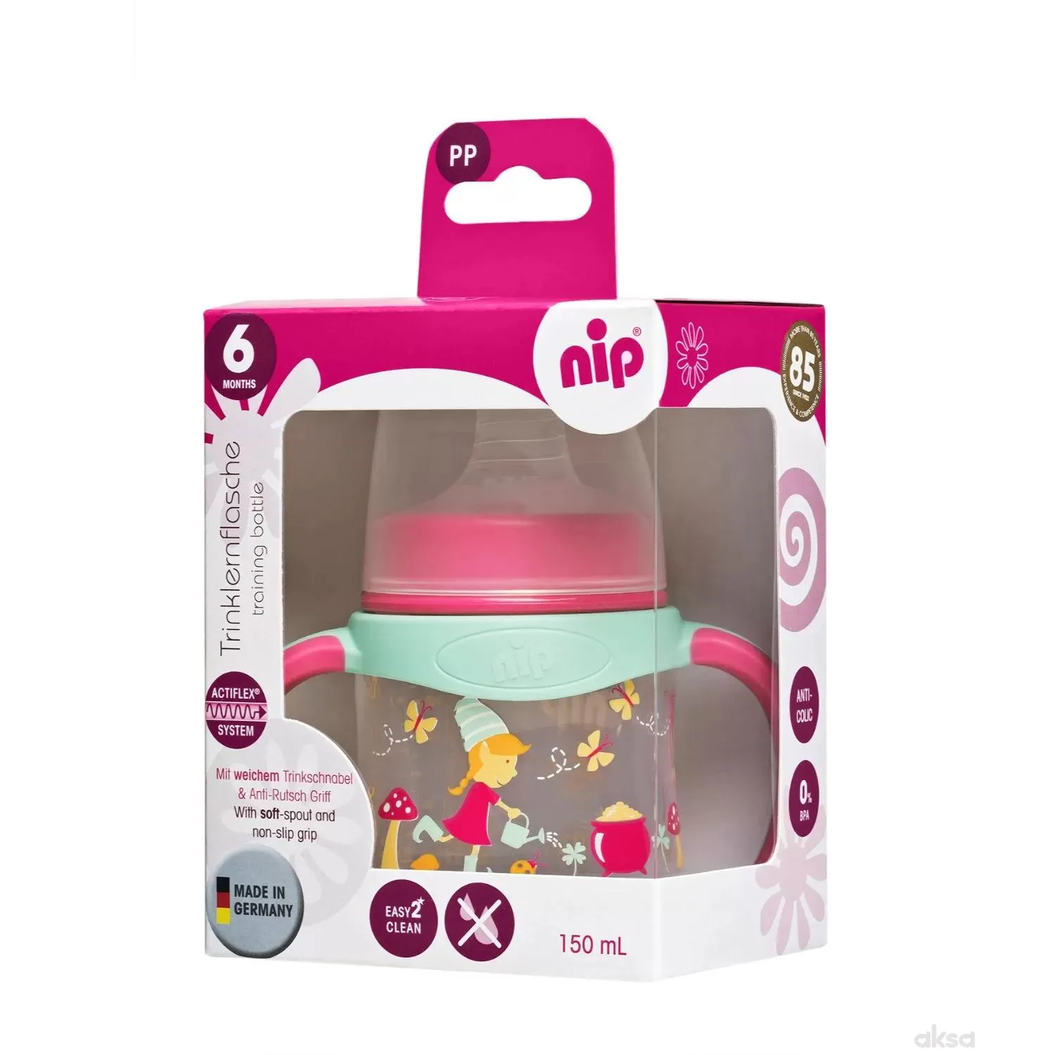 Nip trening flašica djev. ruč. 150ml sil.pisak 6m+