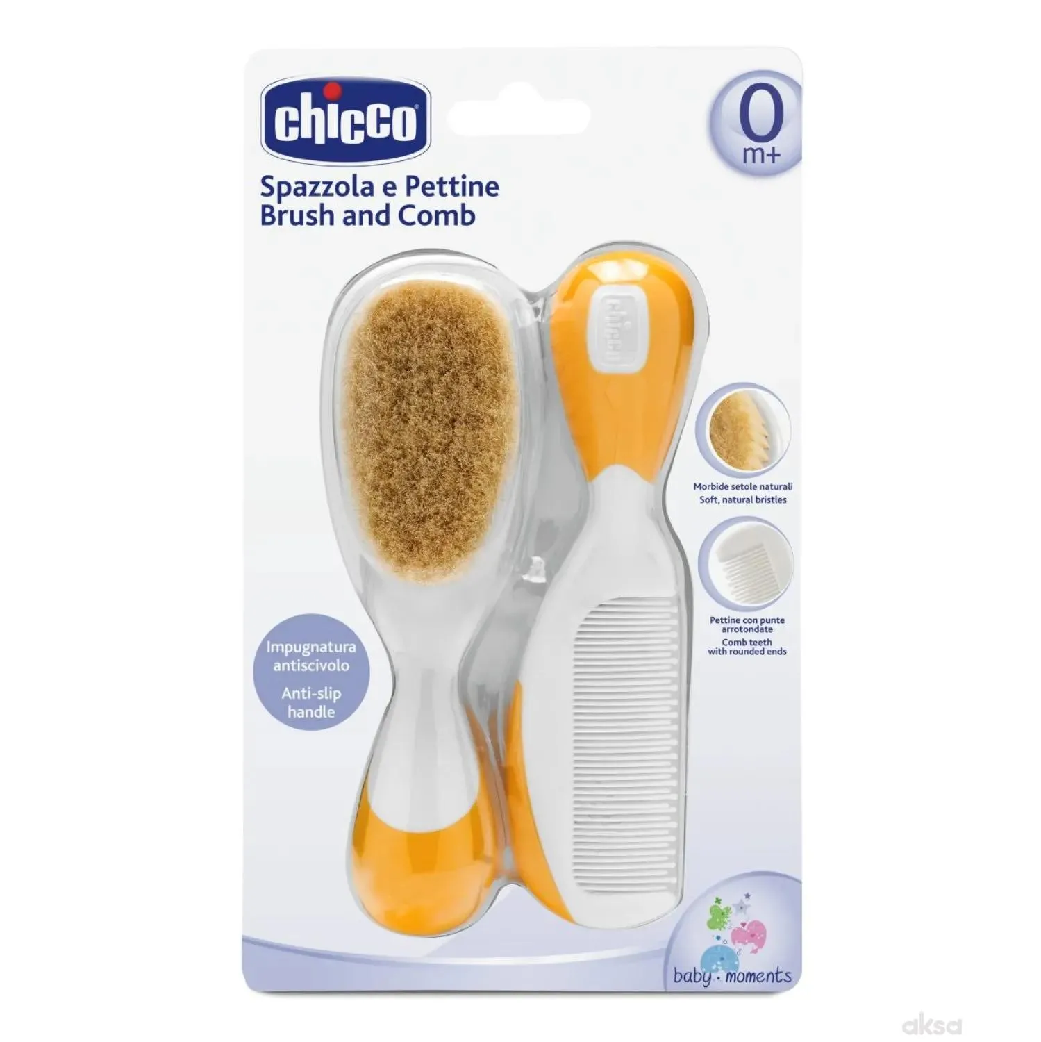 Chicco set češalj i četka prir. dlaka narandžasti