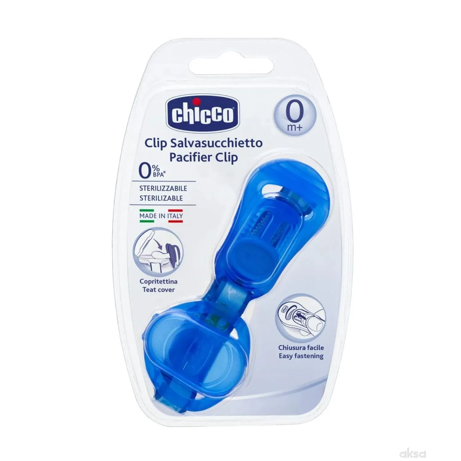 Chicco lančić za cuclu sa poklopcem plavi