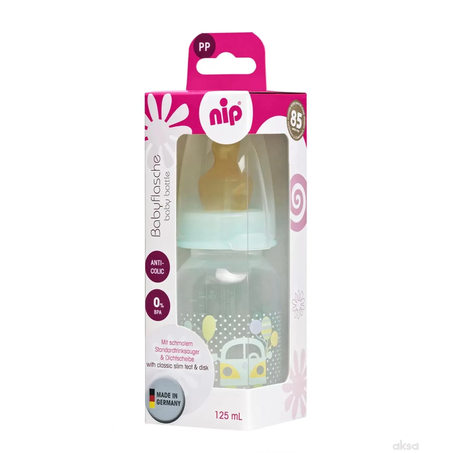 Nip PP flašica Family Unisex 125 ml sa kaučuk cuclom za čaj 0-6m