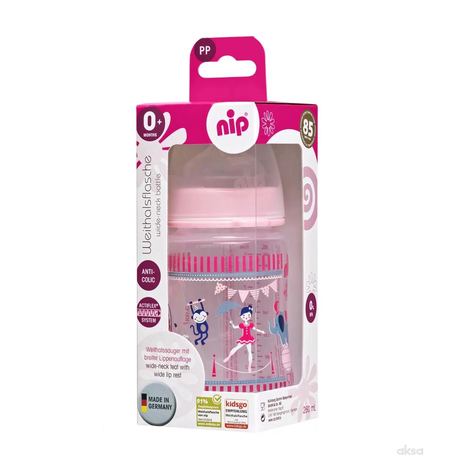 Nip flašica sa širokim otvorom Trendy Girl 260ml, silikonska cucla, 0m