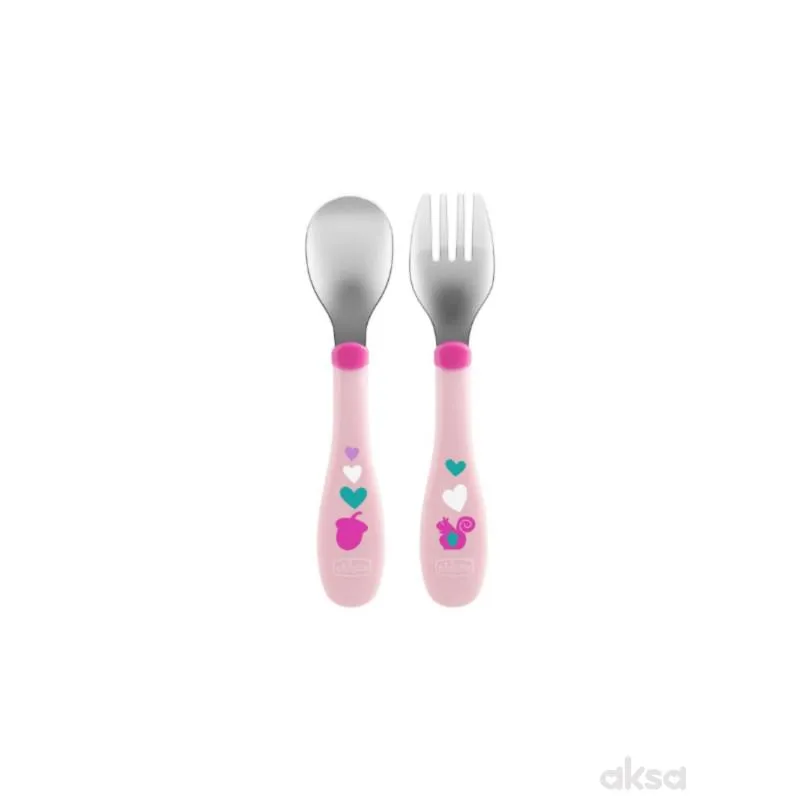 Chicco metalne kašika i viljuška, 18m+, roze