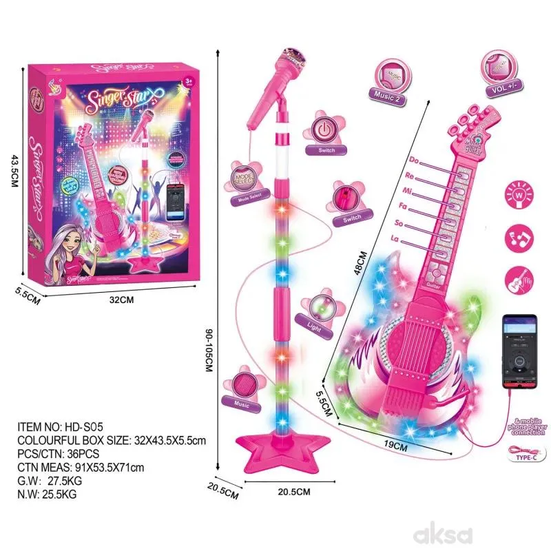 HK Mini mikrofon sa stalkom i gitarom, roze 