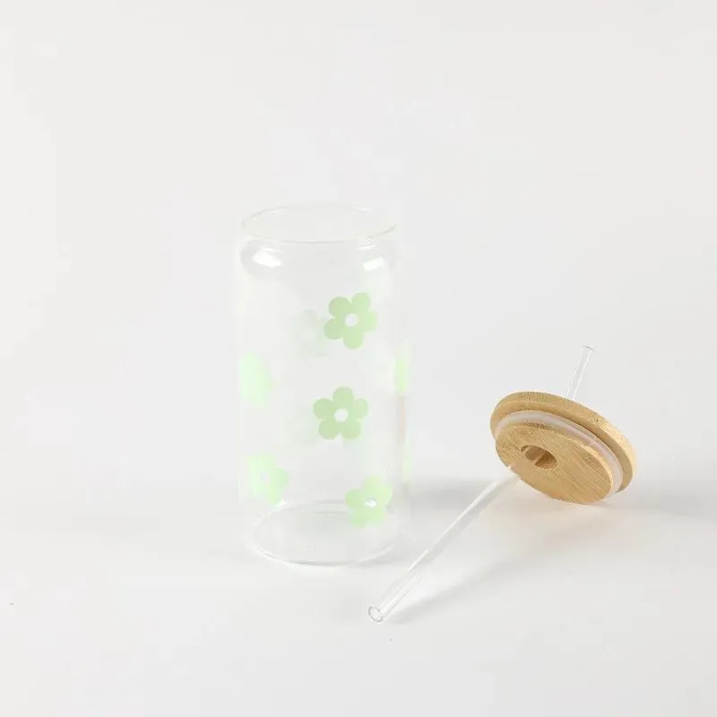 Be Cute Staklena čaša sa slamčicom, zeleni cvetići 