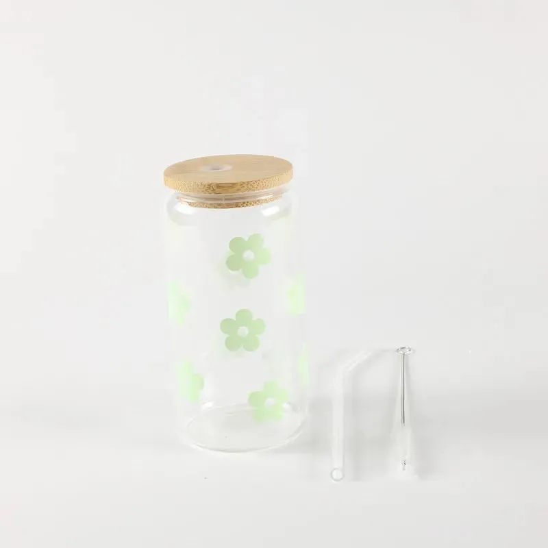 Be Cute Staklena čaša sa slamčicom, zeleni cvetići 