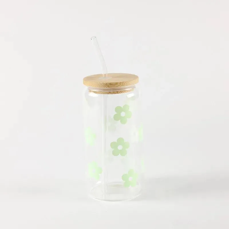 Be Cute Staklena čaša sa slamčicom, zeleni cvetići 