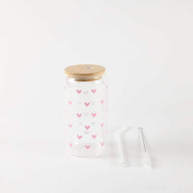 Be Cute Staklena čaša sa slamčicom, roze srca 