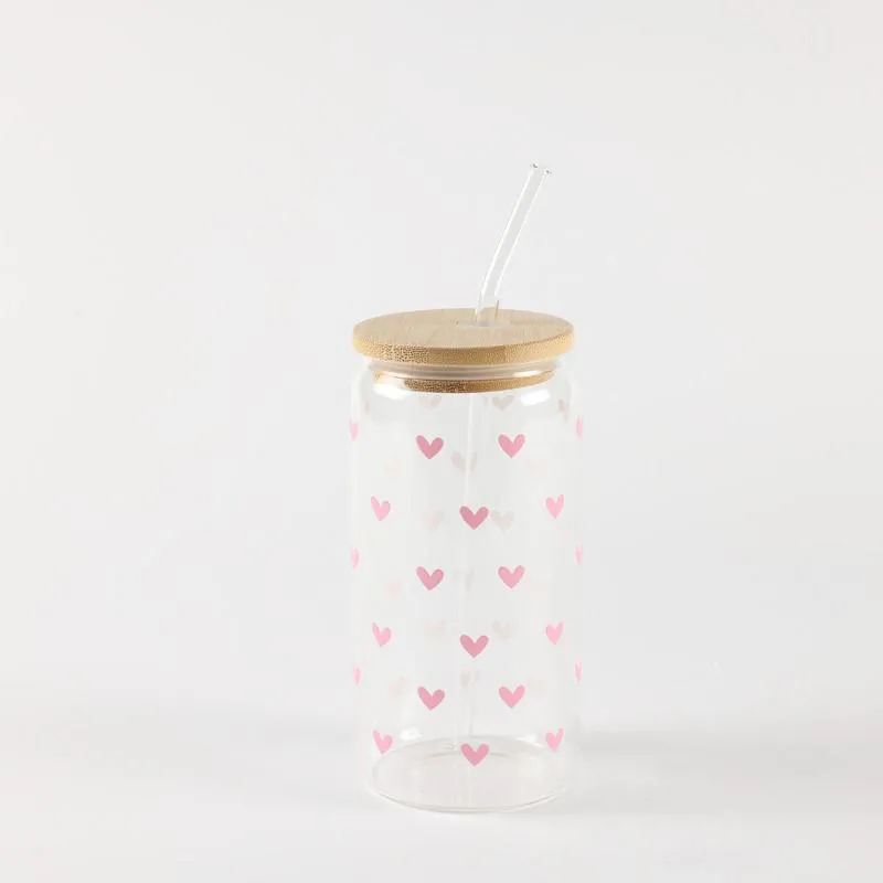 Be Cute Staklena čaša sa slamčicom, roze srca 