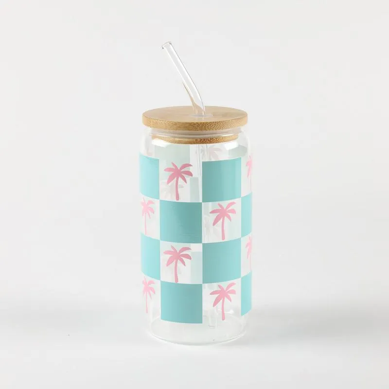Be Cute Staklena čaša sa slamčicom, palme 