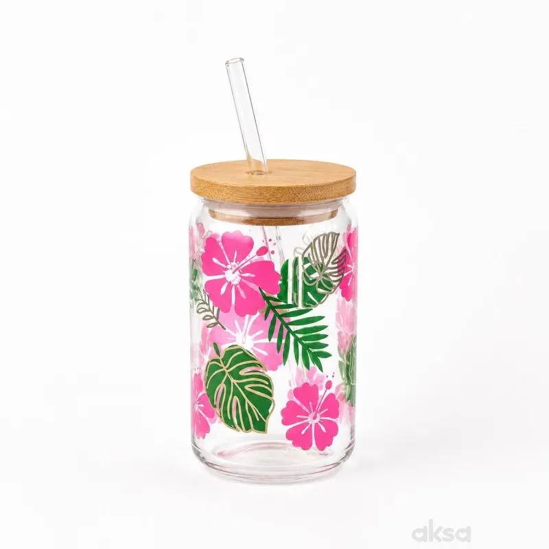 Be Cute staklena čaša sa slamčicom, cveće 