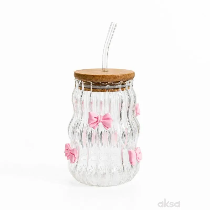 Be Cute staklena čaša sa slamčicom, mašnice 